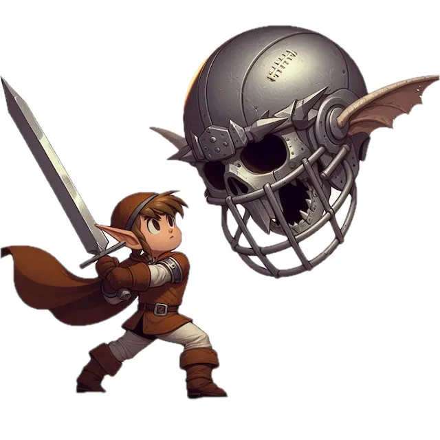 Medieval boy swinging at helmet villain