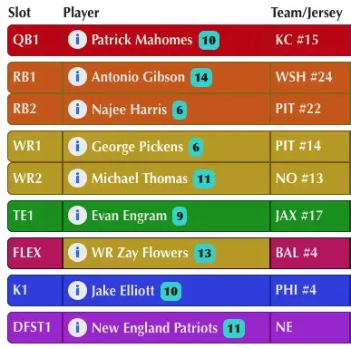 starters roster screenshot