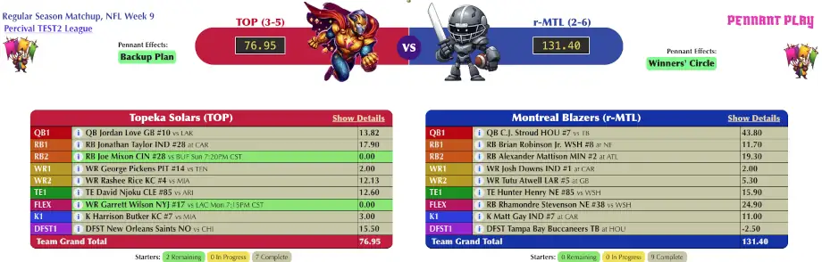 Pennant Play head to head matchup